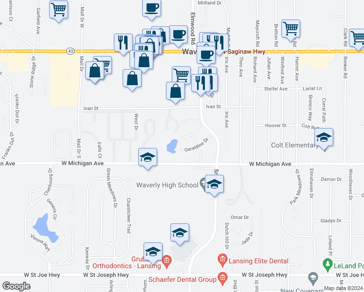 map of restaurants, bars, coffee shops, grocery stores, and more near 5132 Geraldine Drive in Lansing
