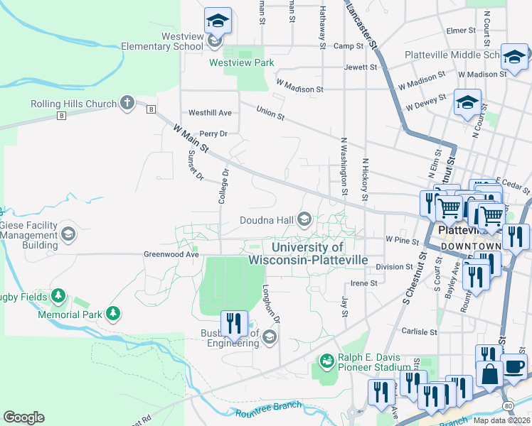 map of restaurants, bars, coffee shops, grocery stores, and more near 55 Preston Drive in Platteville