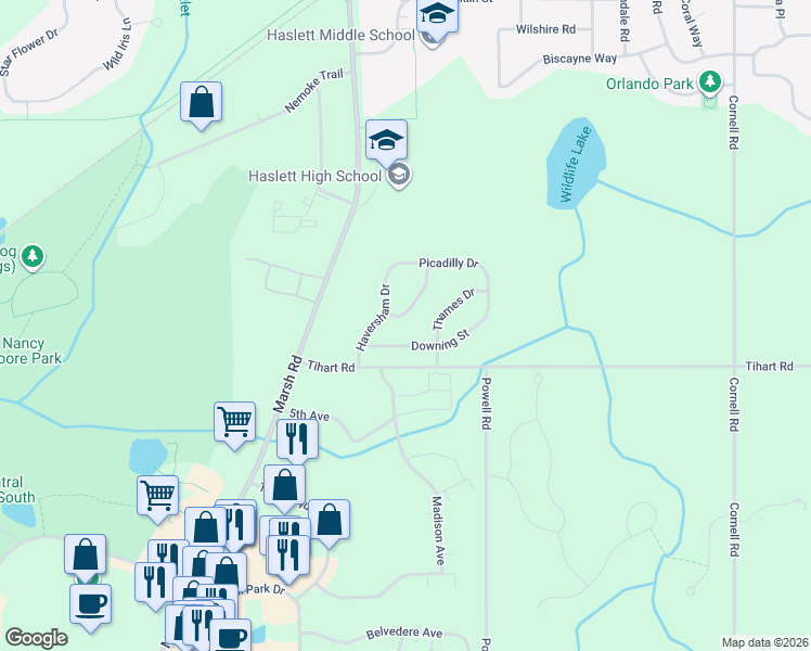 map of restaurants, bars, coffee shops, grocery stores, and more near 5300 Chantilly Lane in Meridian charter Township
