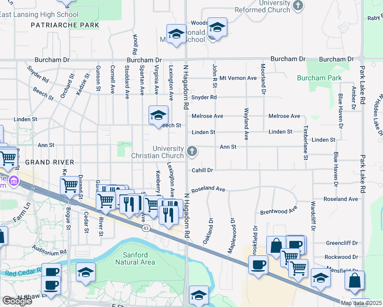 map of restaurants, bars, coffee shops, grocery stores, and more near 326 North Hagadorn Road in East Lansing