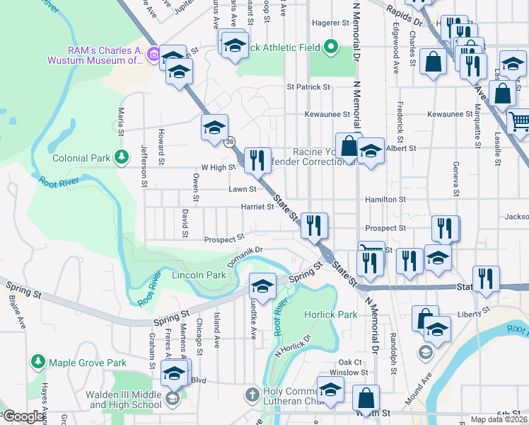 map of restaurants, bars, coffee shops, grocery stores, and more near 1921 Harriet Street in Racine
