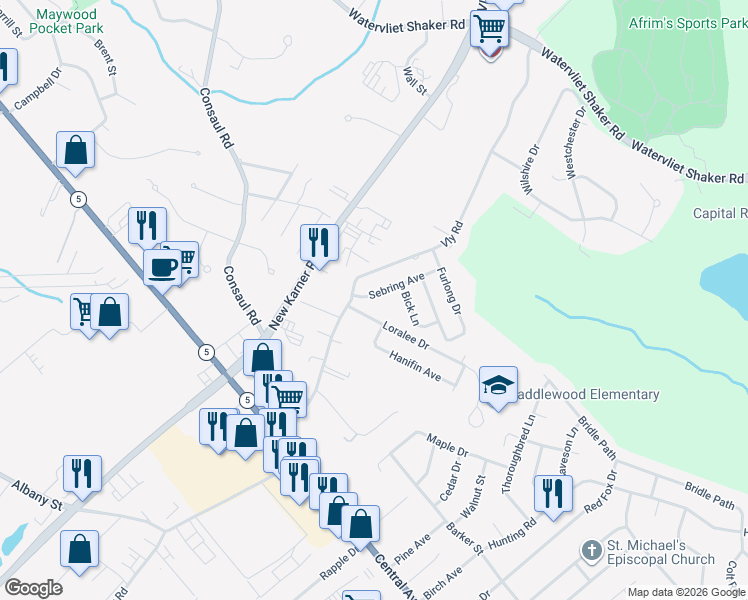 map of restaurants, bars, coffee shops, grocery stores, and more near 3 Sebring Avenue in Colonie