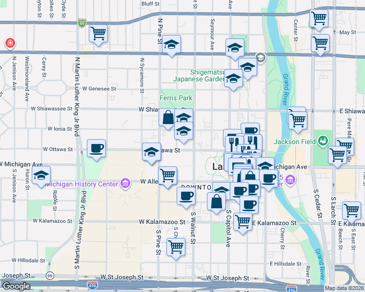 map of restaurants, bars, coffee shops, grocery stores, and more near 420 West Ottawa Street in Lansing