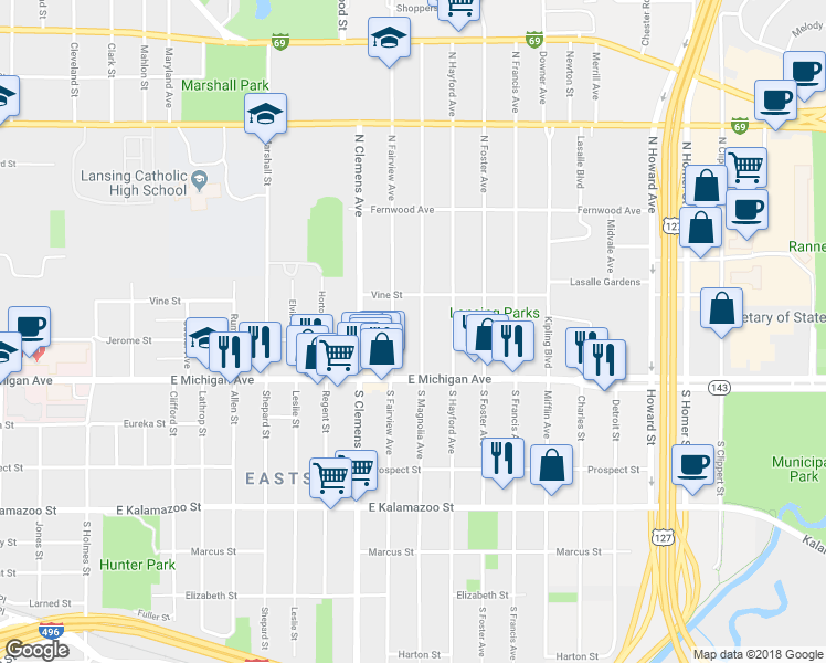 map of restaurants, bars, coffee shops, grocery stores, and more near 205 North Magnolia Avenue in Lansing