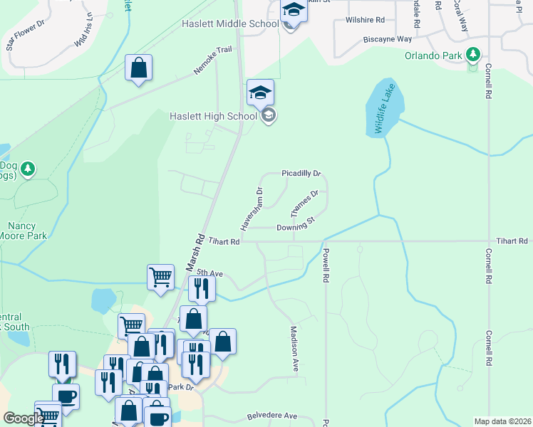 map of restaurants, bars, coffee shops, grocery stores, and more near 5300 Chantilly Lane in Meridian charter Township