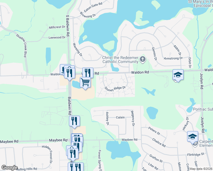 map of restaurants, bars, coffee shops, grocery stores, and more near 3194 Beechtree Court in Orion Township