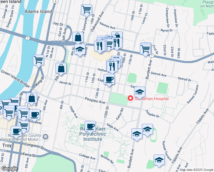 map of restaurants, bars, coffee shops, grocery stores, and more near 2214 14th Street in Troy