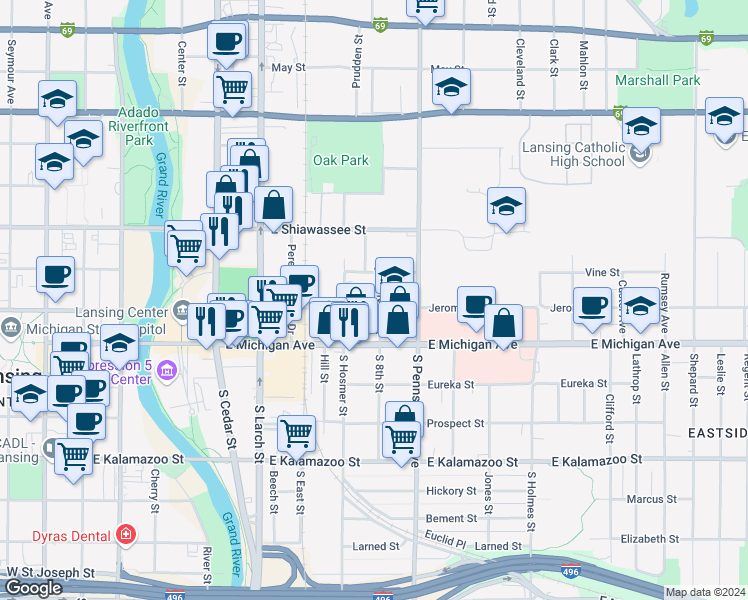 map of restaurants, bars, coffee shops, grocery stores, and more near 205 N 8th St in Lansing