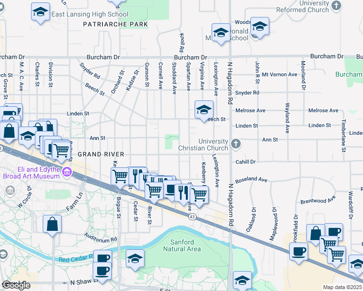 map of restaurants, bars, coffee shops, grocery stores, and more near 326 Stoddard Avenue in East Lansing