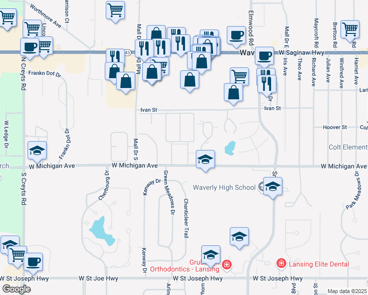 map of restaurants, bars, coffee shops, grocery stores, and more near 115 Parkwest Drive in Lansing