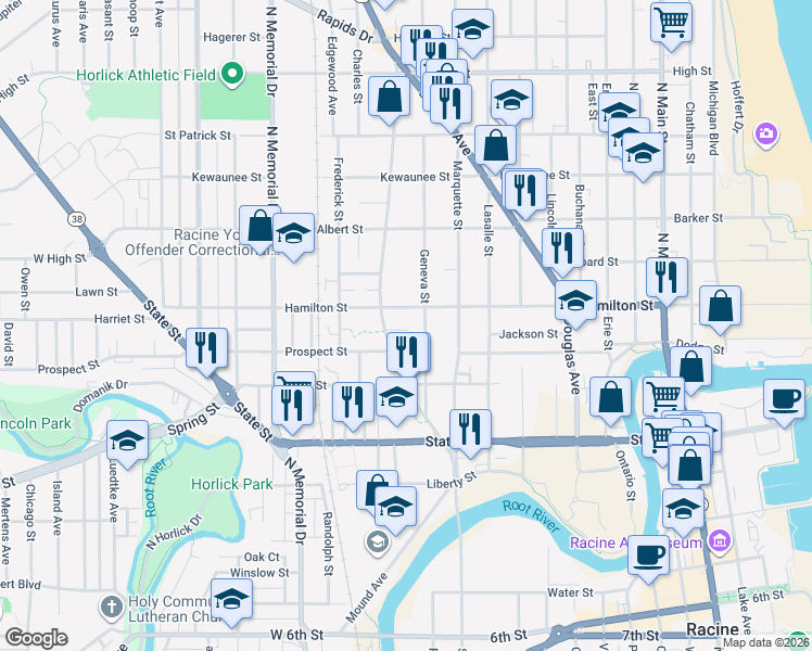 map of restaurants, bars, coffee shops, grocery stores, and more near 1216 Reeds Court in Racine