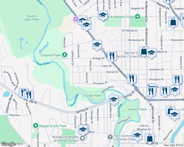 map of restaurants, bars, coffee shops, grocery stores, and more near 2317 Harriet Street in Racine