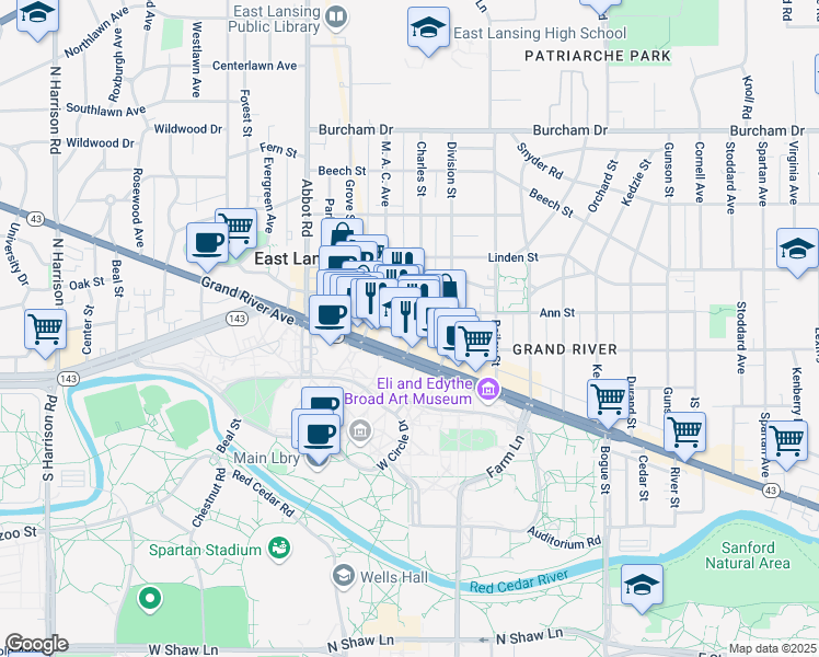 map of restaurants, bars, coffee shops, grocery stores, and more near 360 Albert Street in East Lansing