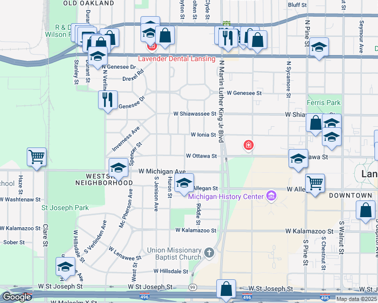 map of restaurants, bars, coffee shops, grocery stores, and more near 1230 West Ottawa Street in Lansing