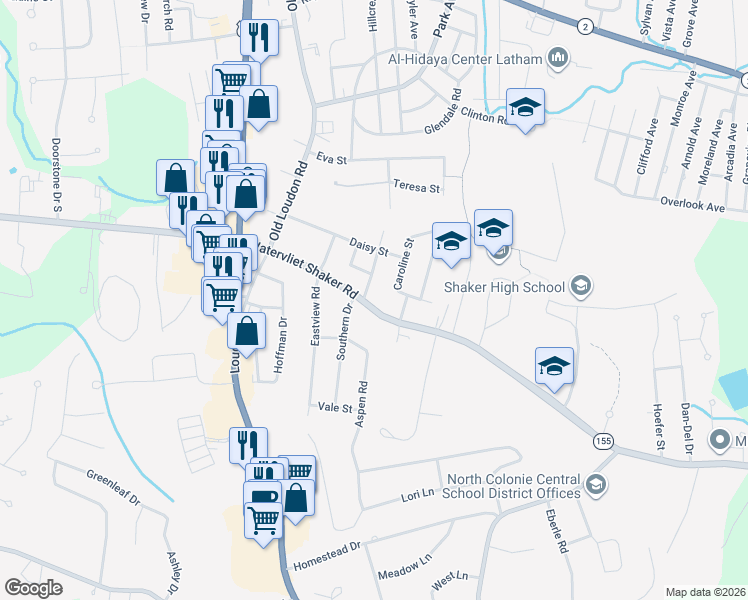 map of restaurants, bars, coffee shops, grocery stores, and more near 521 Watervliet Shaker Road in Latham