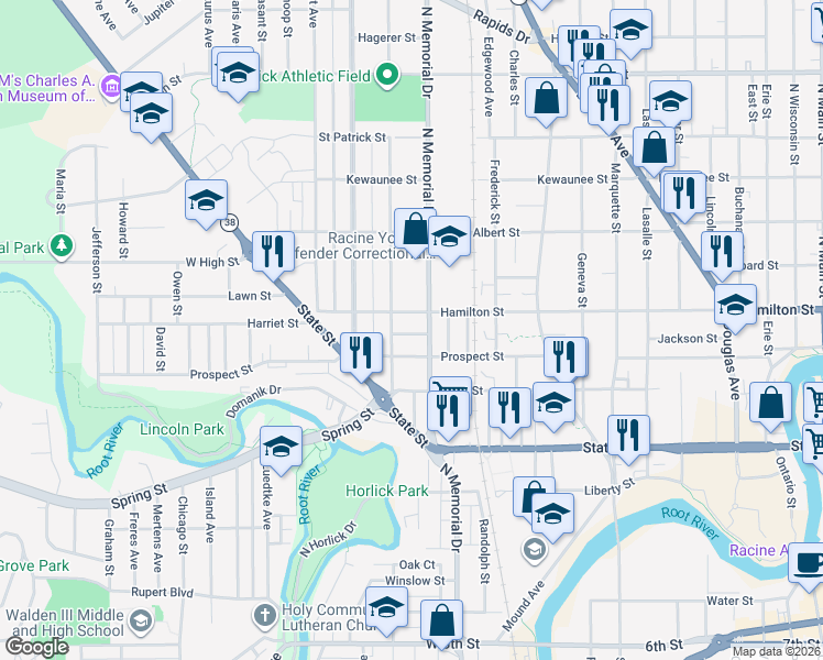 map of restaurants, bars, coffee shops, grocery stores, and more near 1616 Woodrow Avenue in Racine