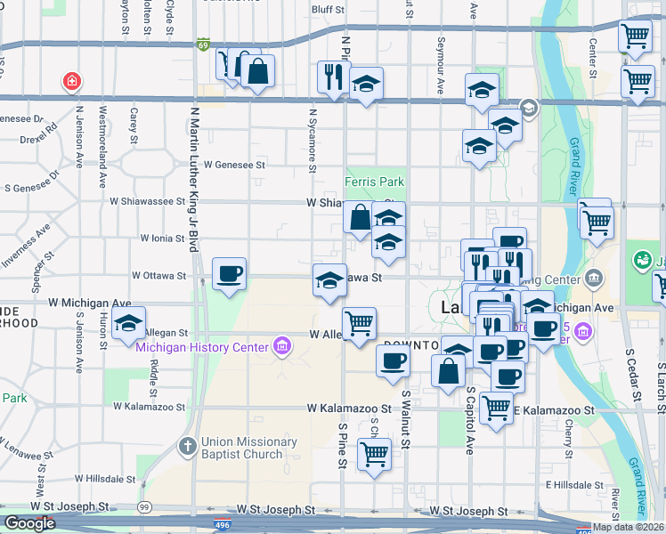 map of restaurants, bars, coffee shops, grocery stores, and more near 624 West Ottawa Street in Lansing