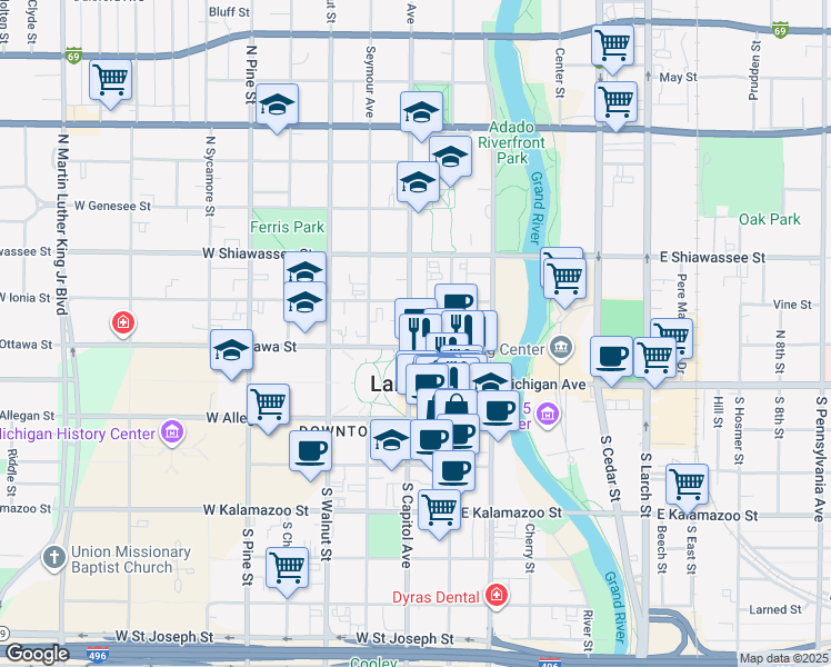 map of restaurants, bars, coffee shops, grocery stores, and more near 208 North Capitol Avenue in Lansing Charter Township