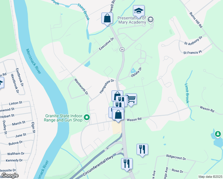 map of restaurants, bars, coffee shops, grocery stores, and more near 203 Lowell Road in Hudson