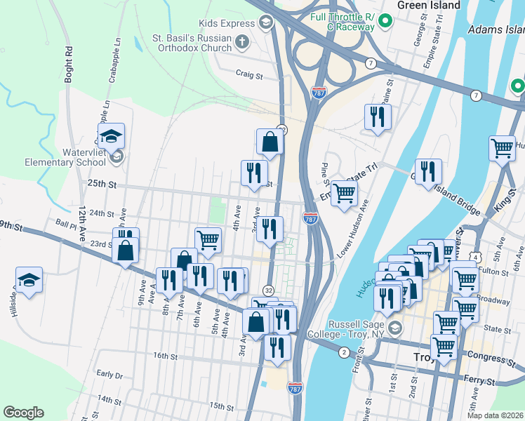 map of restaurants, bars, coffee shops, grocery stores, and more near 517 2nd Avenue in Watervliet