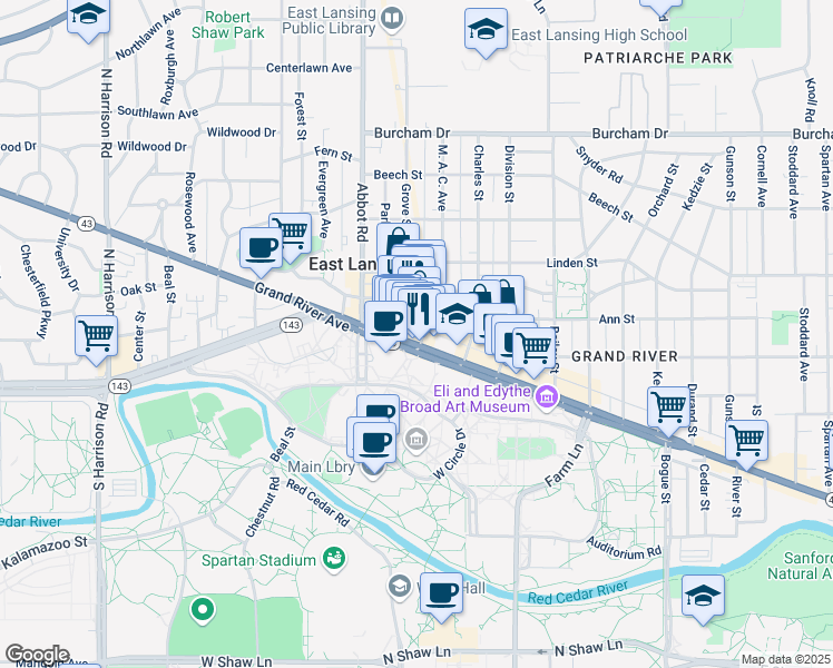map of restaurants, bars, coffee shops, grocery stores, and more near 207 M. A. C. Avenue in East Lansing