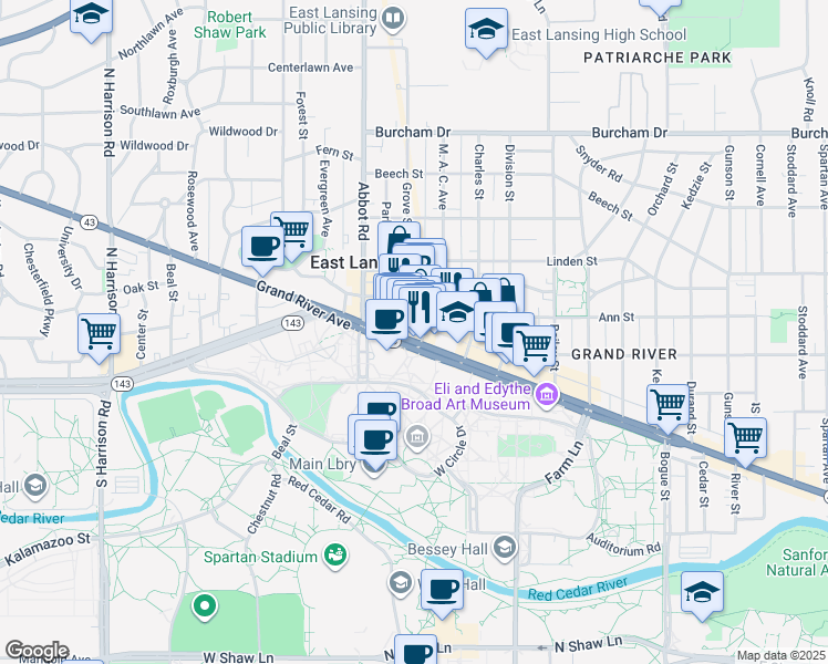 map of restaurants, bars, coffee shops, grocery stores, and more near 207 M. A. C. Avenue in East Lansing