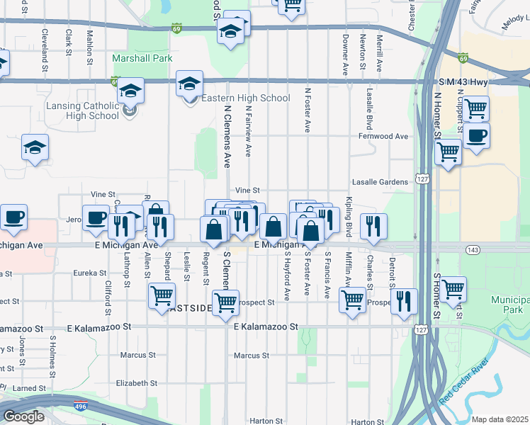map of restaurants, bars, coffee shops, grocery stores, and more near 205 North Magnolia Avenue in Lansing