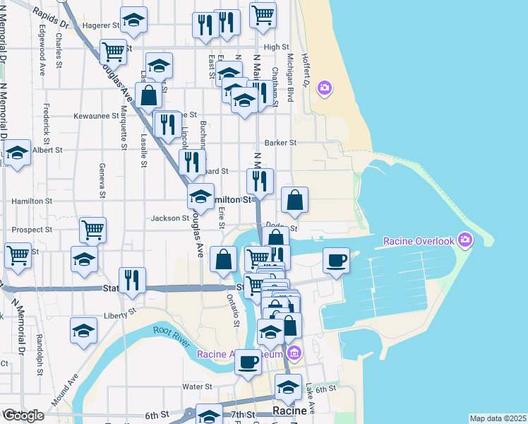 map of restaurants, bars, coffee shops, grocery stores, and more near 1115 North Main Street in Racine