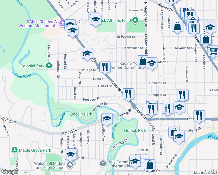 map of restaurants, bars, coffee shops, grocery stores, and more near 1921 Harriet Street in Racine