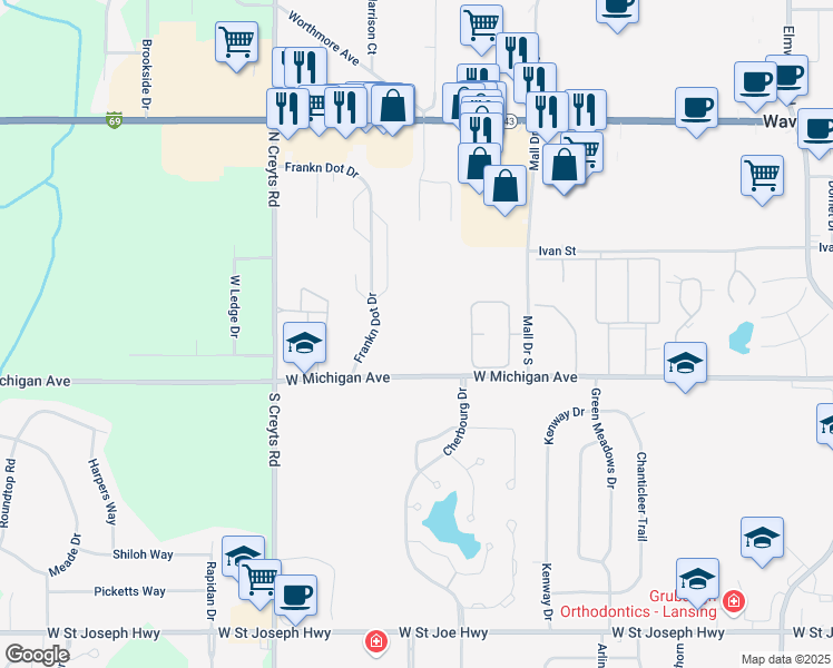 map of restaurants, bars, coffee shops, grocery stores, and more near 6100 West Michigan Avenue in Lansing
