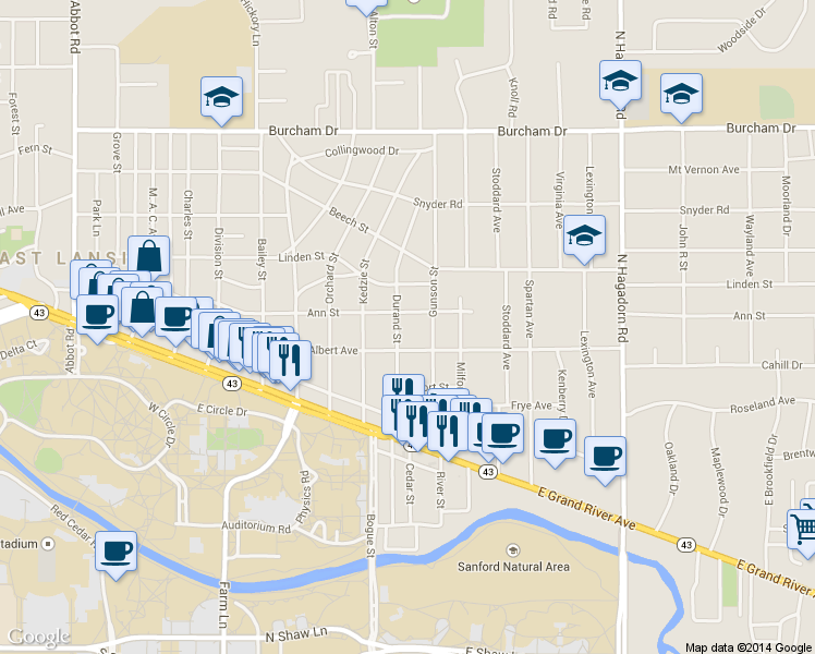map of restaurants, bars, coffee shops, grocery stores, and more near 280 Durand Street in East Lansing