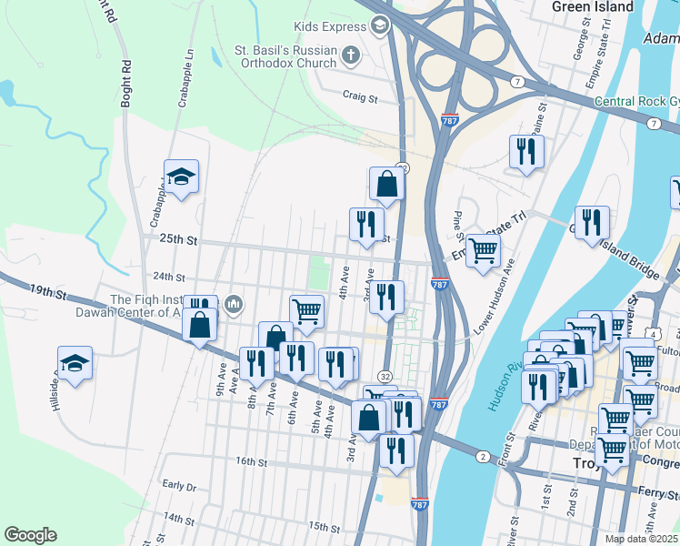 map of restaurants, bars, coffee shops, grocery stores, and more near 2425 4th Avenue in Watervliet