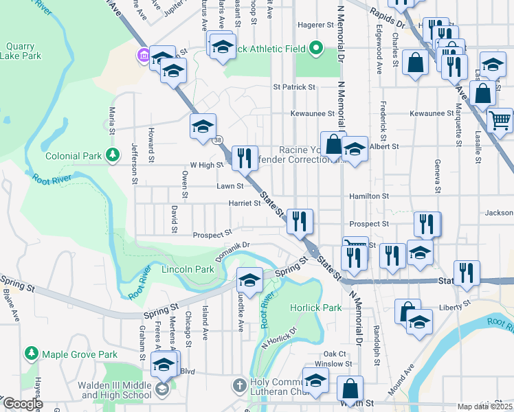 map of restaurants, bars, coffee shops, grocery stores, and more near 1921 Harriet St in Racine