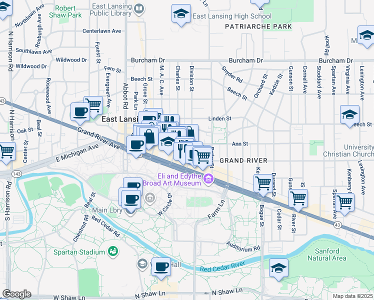 map of restaurants, bars, coffee shops, grocery stores, and more near 425 Albert Street in East Lansing