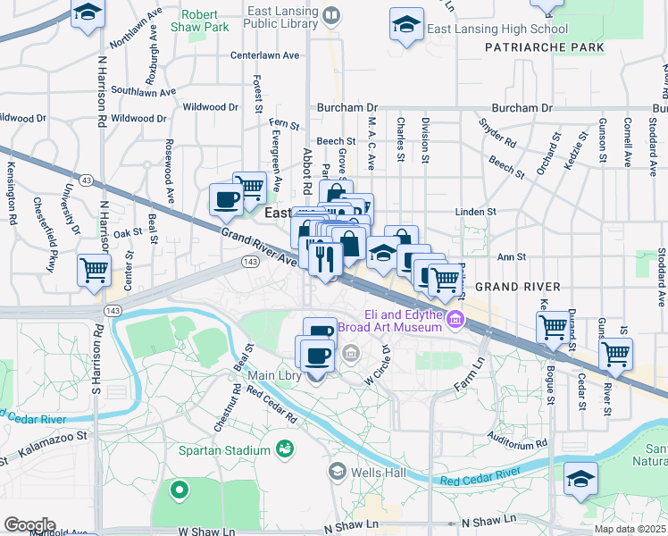 map of restaurants, bars, coffee shops, grocery stores, and more near 129 East Grand River Road in Lansing