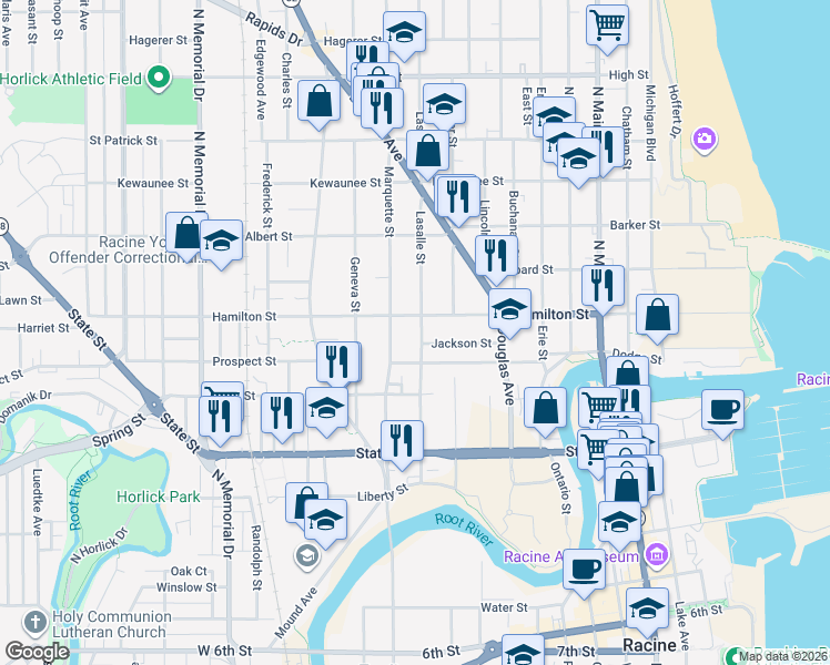map of restaurants, bars, coffee shops, grocery stores, and more near 1126 Lasalle Street in Racine