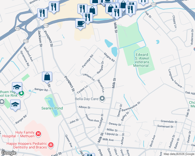 map of restaurants, bars, coffee shops, grocery stores, and more near 32 Timber Lane in Methuen