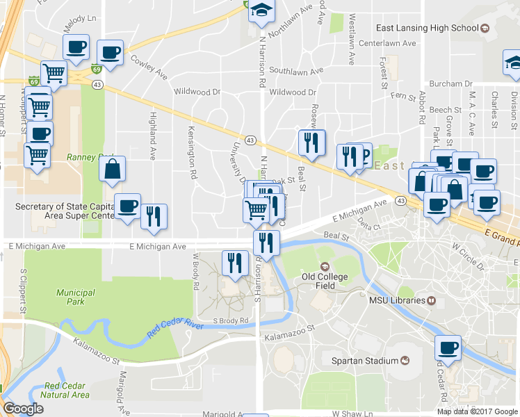 map of restaurants, bars, coffee shops, grocery stores, and more near 207 North Harrison Road in East Lansing