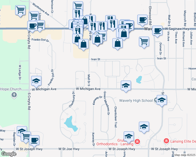 map of restaurants, bars, coffee shops, grocery stores, and more near 121 Falls Court in Lansing