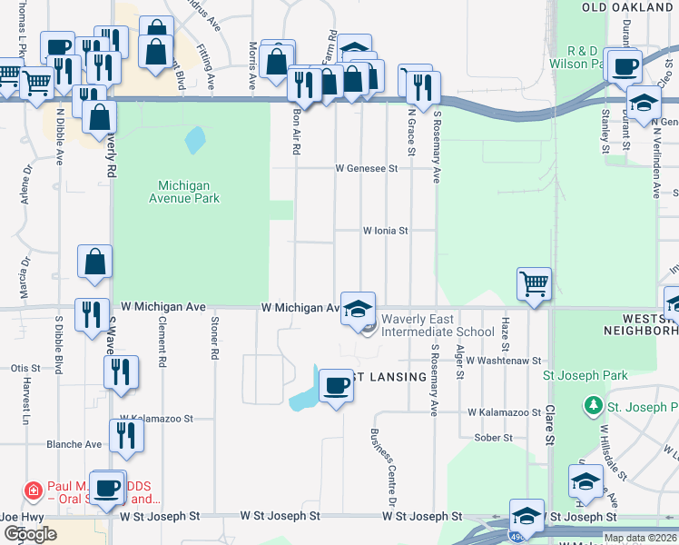 map of restaurants, bars, coffee shops, grocery stores, and more near 202 North Deerfield Avenue in Lansing