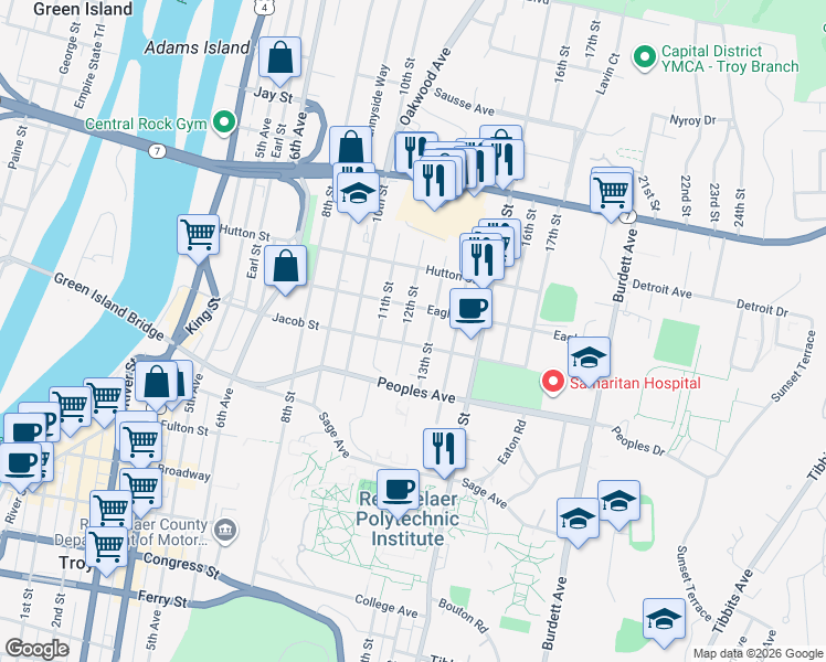 map of restaurants, bars, coffee shops, grocery stores, and more near 2208 12th Street in Troy