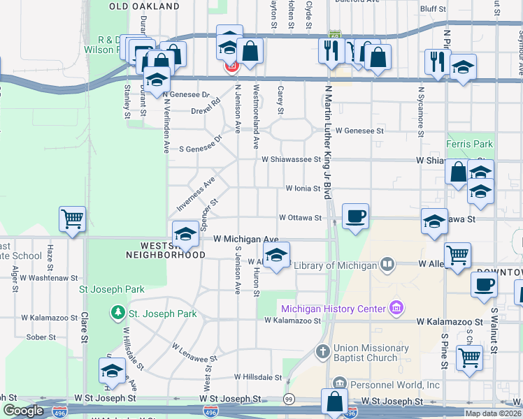 map of restaurants, bars, coffee shops, grocery stores, and more near 206 Westmoreland Avenue in Lansing
