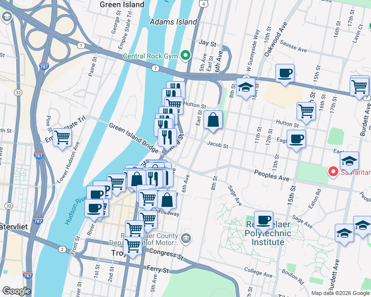 map of restaurants, bars, coffee shops, grocery stores, and more near 2154 5th Avenue in Troy