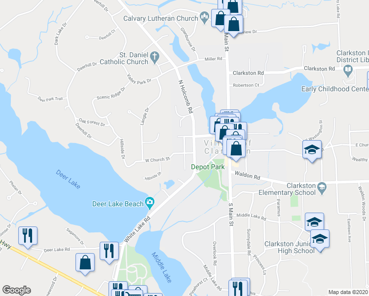 map of restaurants, bars, coffee shops, grocery stores, and more near 62 Madison Court in Clarkston