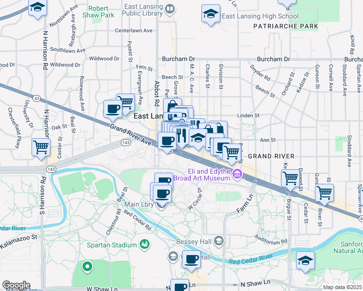 map of restaurants, bars, coffee shops, grocery stores, and more near 207 M. A. C. Avenue in East Lansing