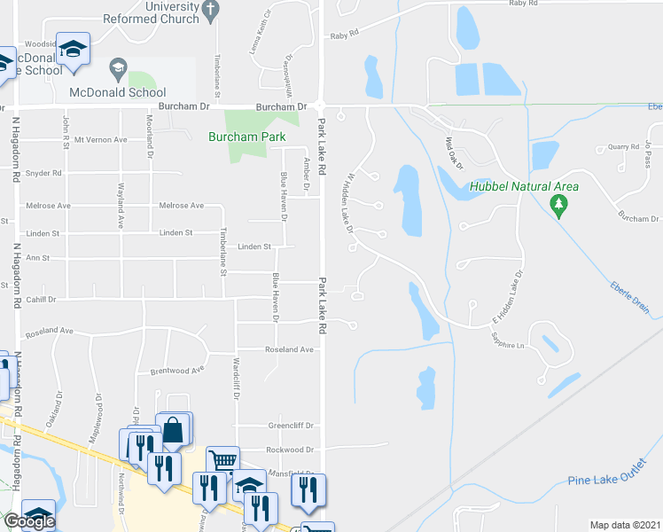 map of restaurants, bars, coffee shops, grocery stores, and more near 5320 Park Lake Road in East Lansing