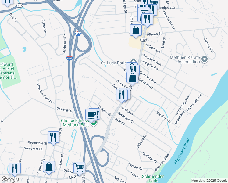 map of restaurants, bars, coffee shops, grocery stores, and more near 11 Booth Road in Methuen