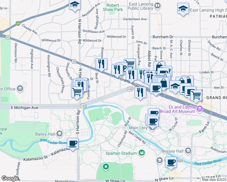 map of restaurants, bars, coffee shops, grocery stores, and more near 324 East Michigan Avenue in Lansing