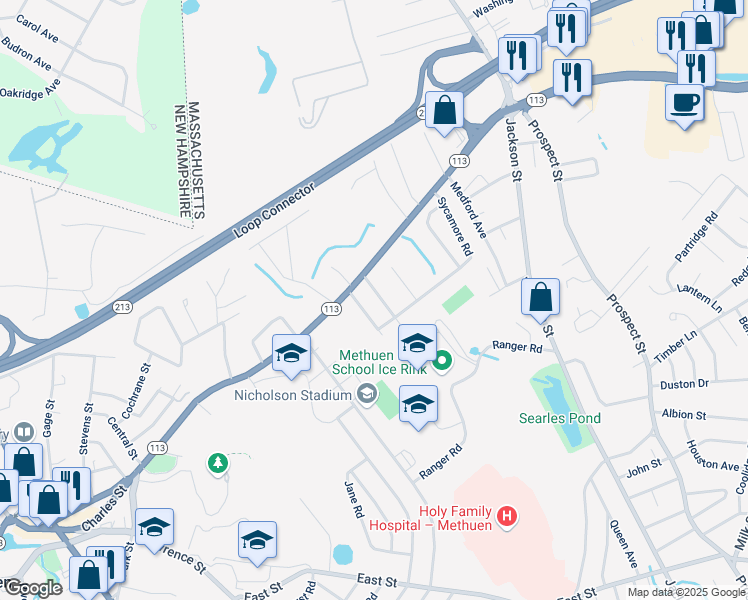 map of restaurants, bars, coffee shops, grocery stores, and more near 10 Brookfield Road in Methuen