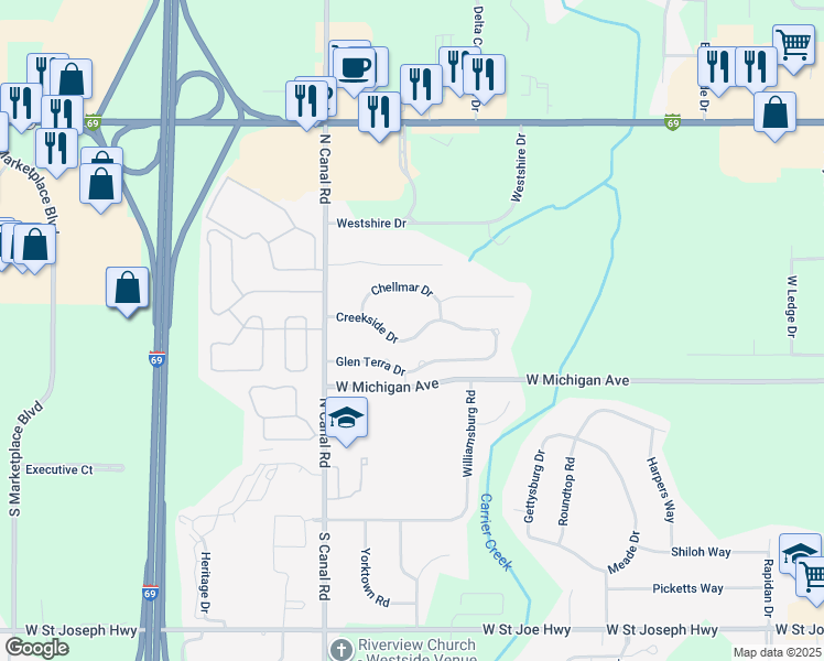 map of restaurants, bars, coffee shops, grocery stores, and more near 7344 Creekside Drive in Lansing